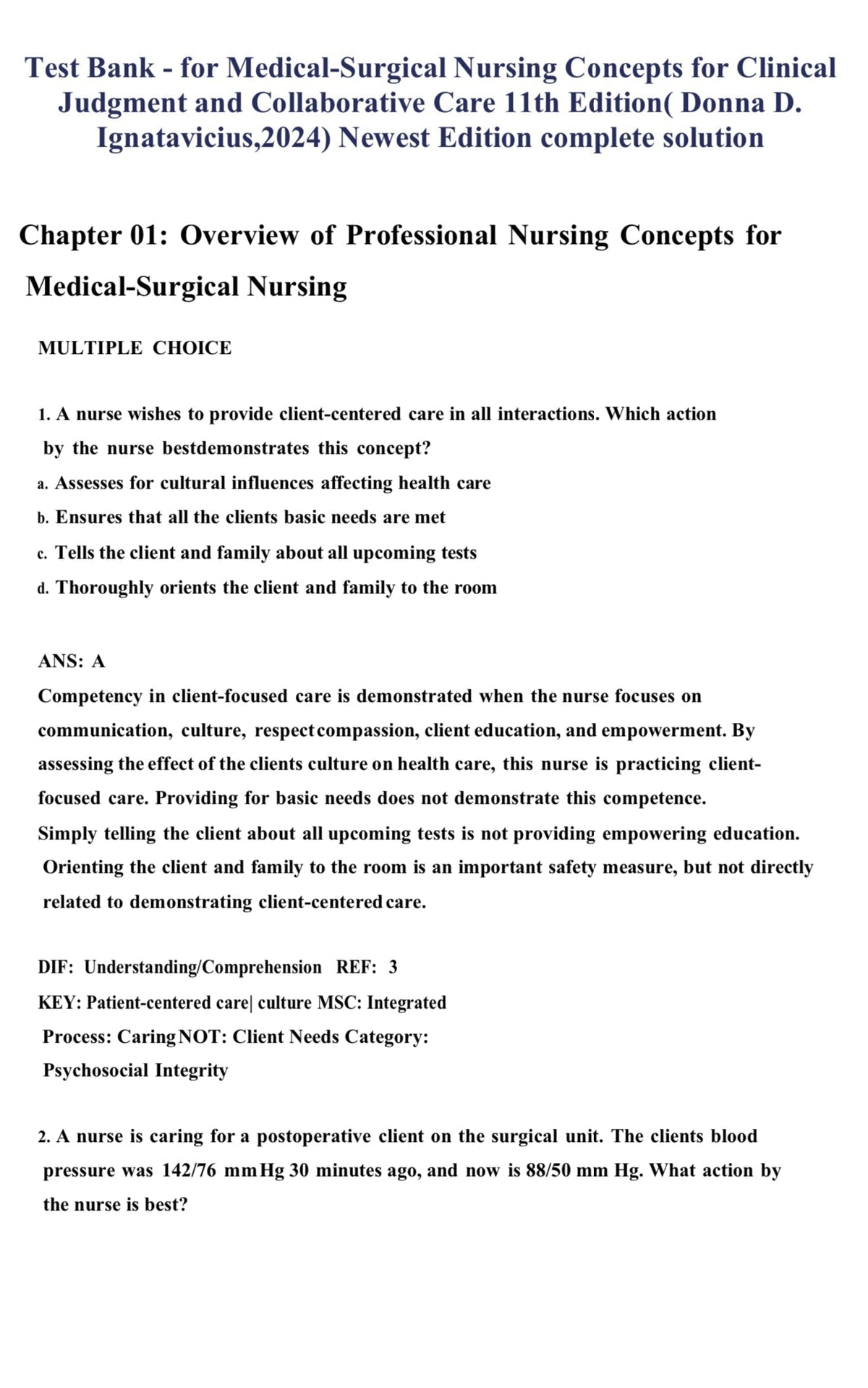 Test Bank for Medical-Surgical Nursing: Concepts for Clinical Judgment and Collaborative Care, 11th Edition by Ignatavicius