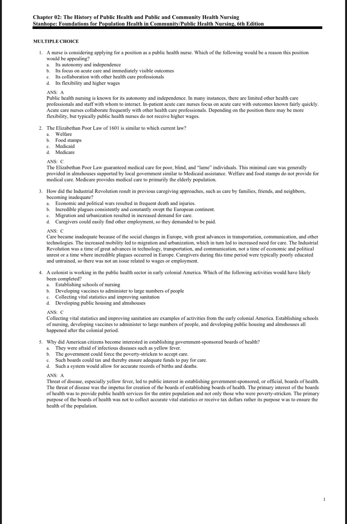 TEST BANK Foundations for Population Health in Community/Public Health Nursing, 6th Edition